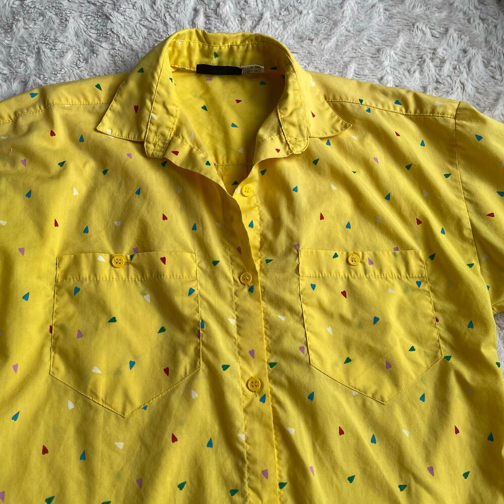 Vintage 80s 90s heart print yellow button-down shirt blouse oversized hearts S - Picture 6 of 17